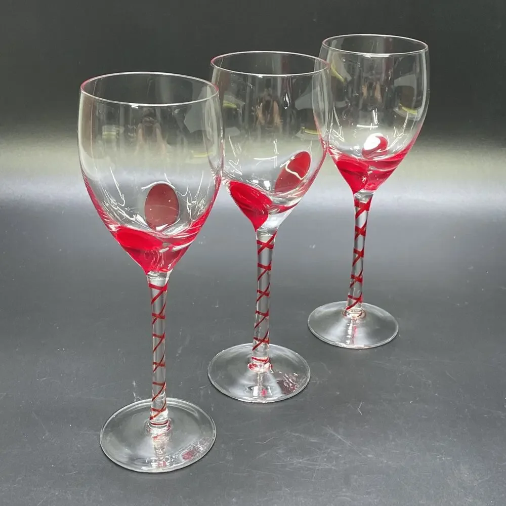 Set of 3 Pier 1 Hand Blown Wine Glass Goblets Red Swirl Twisted Stem Tear Drop